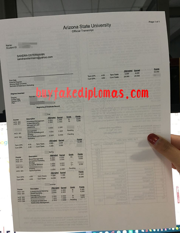 Arizona State University Transcript, Buy Fake Arizona State University Transcript