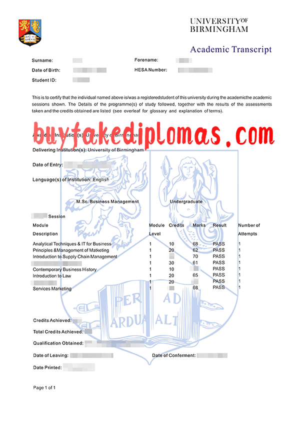 University Of Birmingham Transcript, Buy Fake University Of Birmingham Transcript