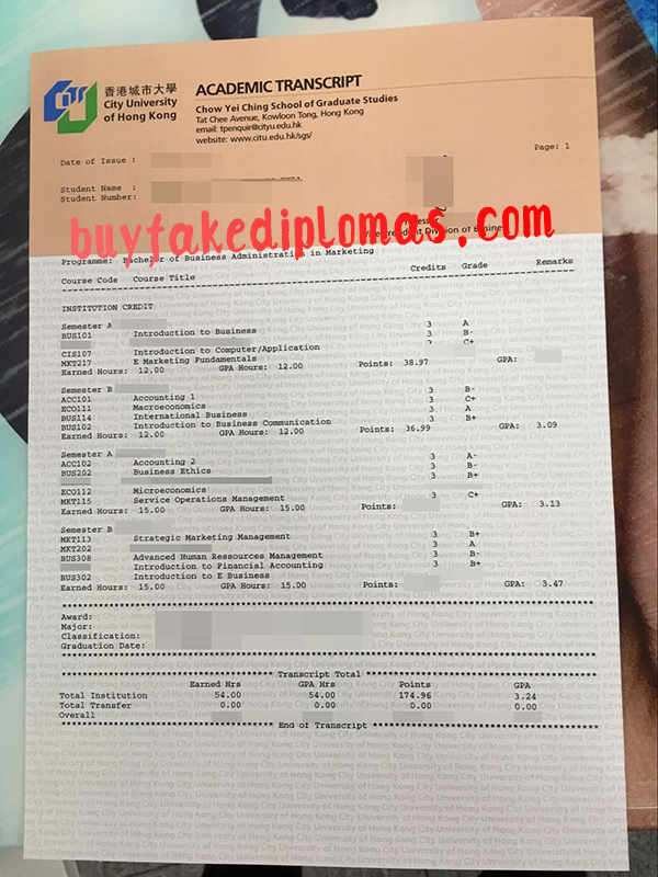 City University of Hong Kong Transcript, Buy Fake City University of Hong Kong Transcript