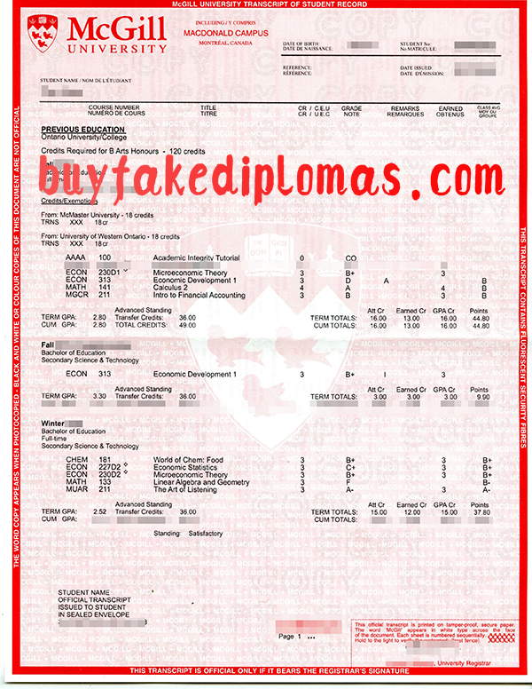 Mcgill University Transcript, Buy Fake Mcgill University Transcript