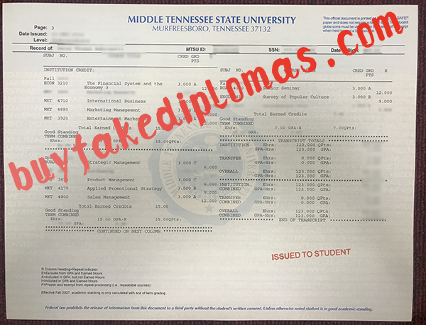 Middle Tennessee State University Transcript, Buy Fake Middle Tennessee State University Transcript