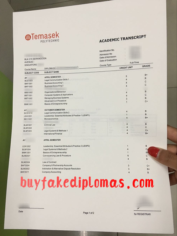 Temasek Polytechnic Transcript, Buy Fake Temasek Polytechnic Transcript