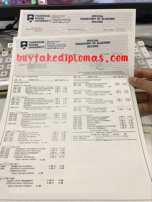 Thompson Rivers University Transcript, Buy Fake Thompson Rivers University Transcript