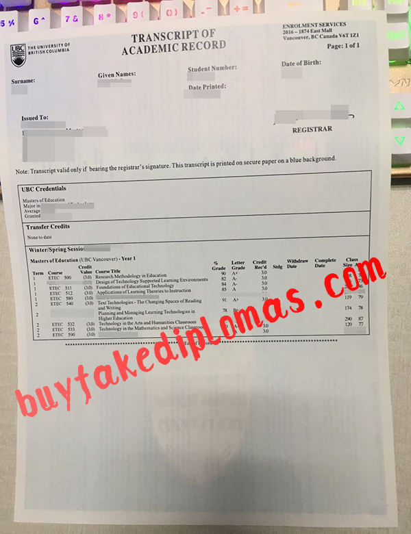 University of British Columbia Transcript, Buy Fake University of British Columbia Transcript