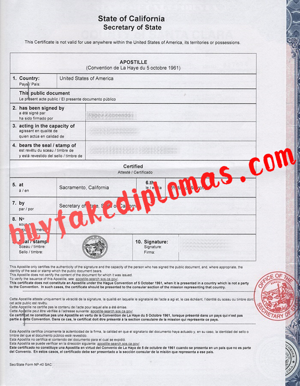 California Apostille Certificate, Buy Fake California Apostille Certificate