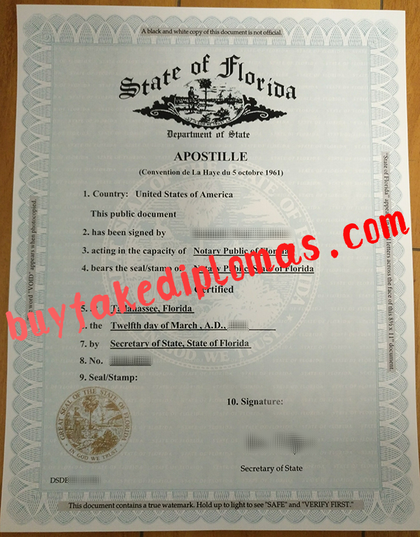 Florida Apostille Certificate, Buy Fake Florida Apostille Certificate