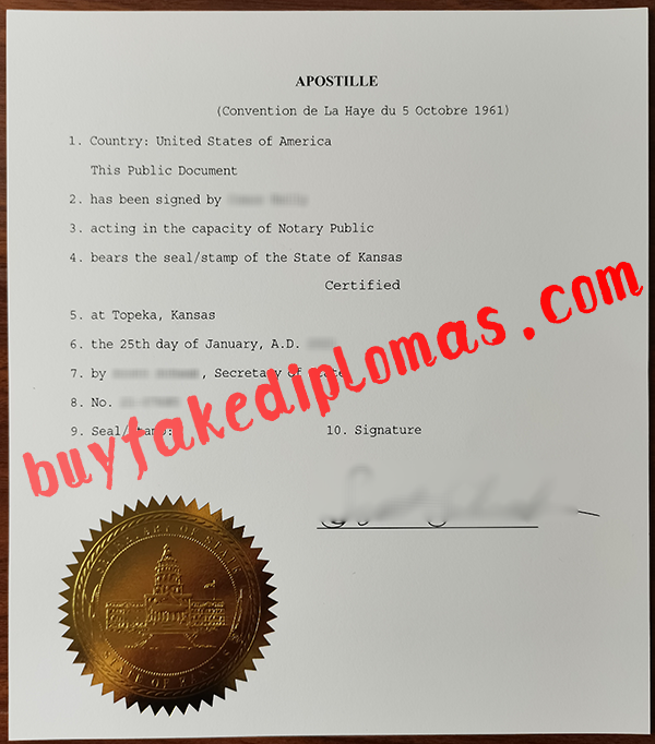 Kansas Apostille Certificate, Buy Fake Kansas Apostille Certificate