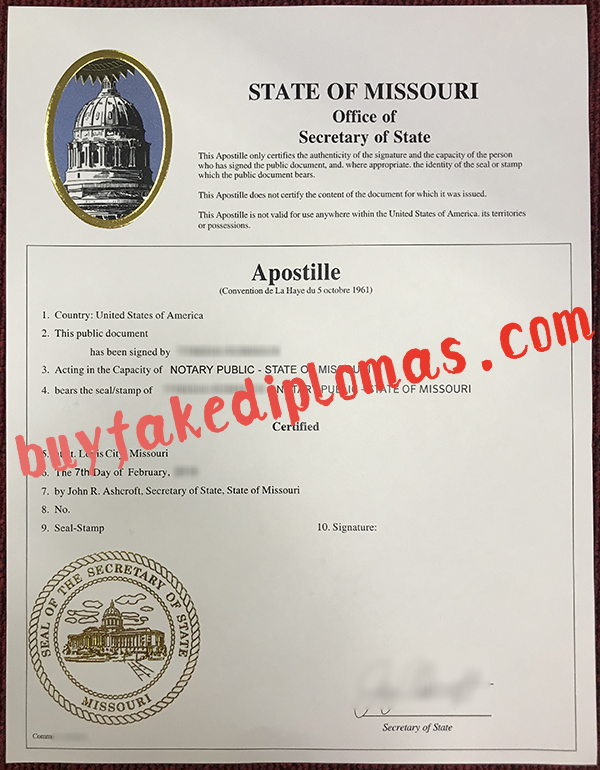 Missouri Apostille Certificate, Buy Fake Missouri Apostille Certificate
