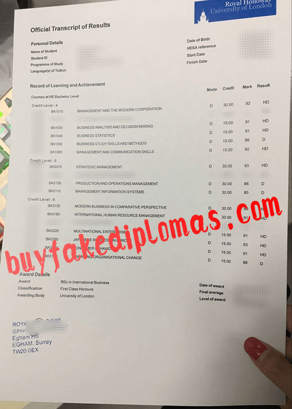 Royal Holloway Transcript, Buy Fake Royal Holloway Transcript