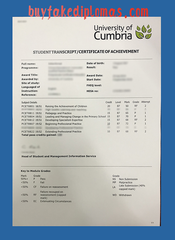 University of Cumbria Transcript, Fake University of Cumbria Transcript