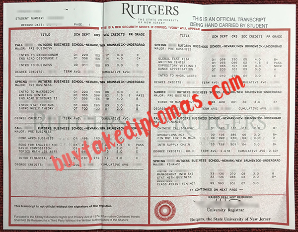 Fake Rutgers transcript