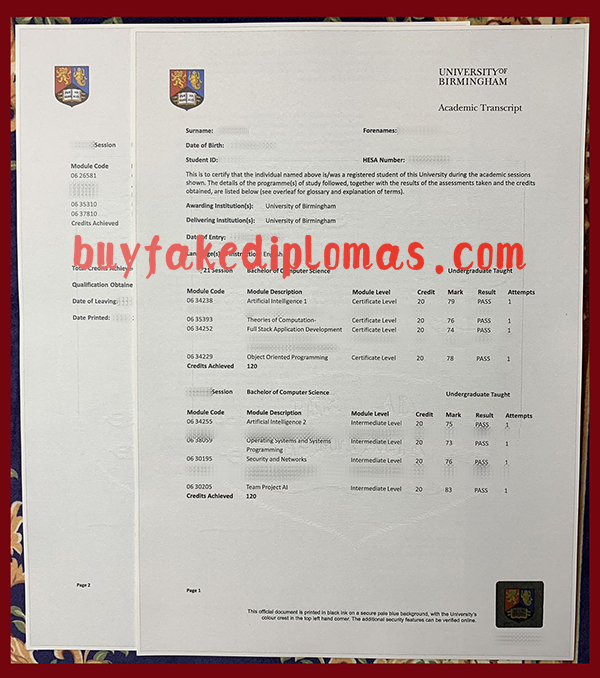 University of Birmingham Transcript, Fake University of Birmingham Transcript