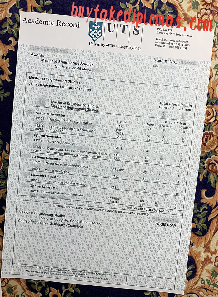 Fake University of Technology Sydney Transcript