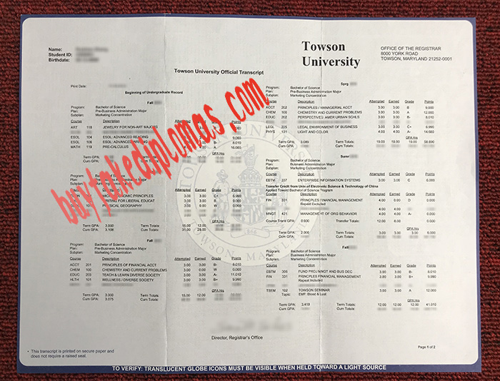Towson University fake transcript